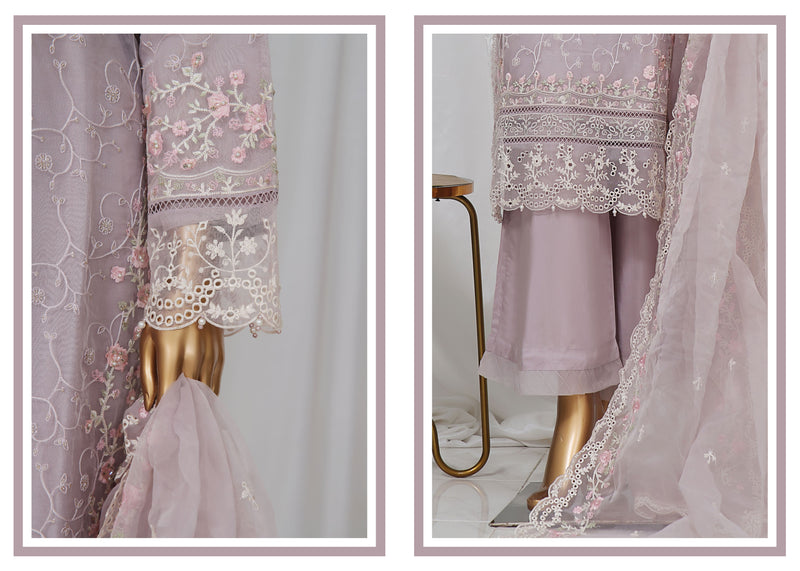 Organza - Stitched Embroidered Kurti & Dupatta with Hand work - Plum