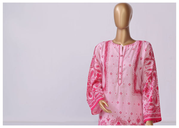 Lawn Co-ords - Stitched Printed Kurti & Trouser with Lace work - Pink