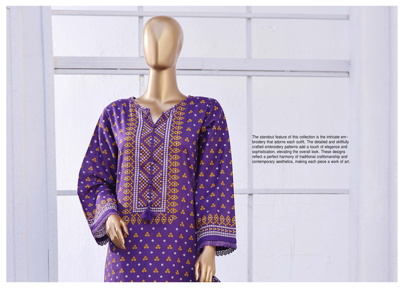 Lawn - Stitched Printed 3piece with Lace work - Purple