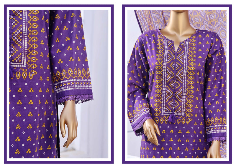 Lawn - Stitched Printed 3piece with Lace work - Purple