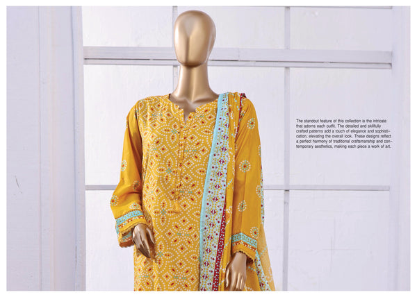 Lawn - Stitched Printed 3piece with Lace work - Yellow