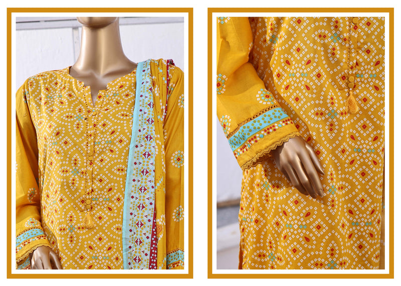 Lawn - Stitched Printed 3piece with Lace work - Yellow