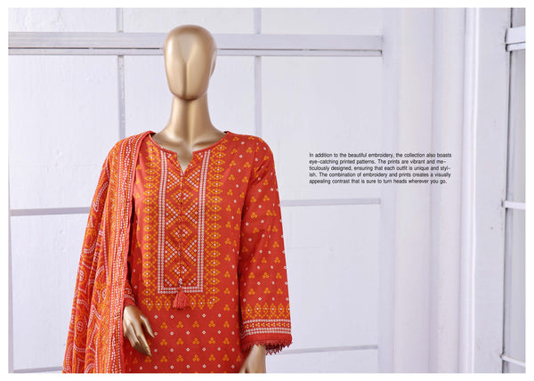 Lawn - Stitched Printed 3piece with Lace work - Orange