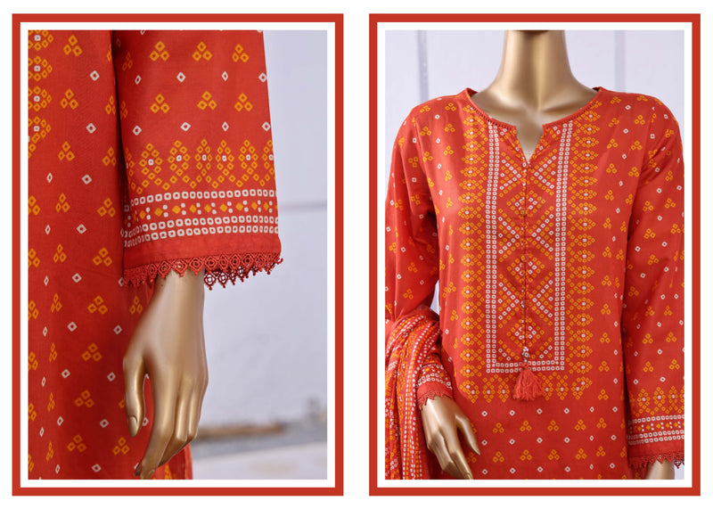 Lawn - Stitched Printed 3piece with Lace work - Orange