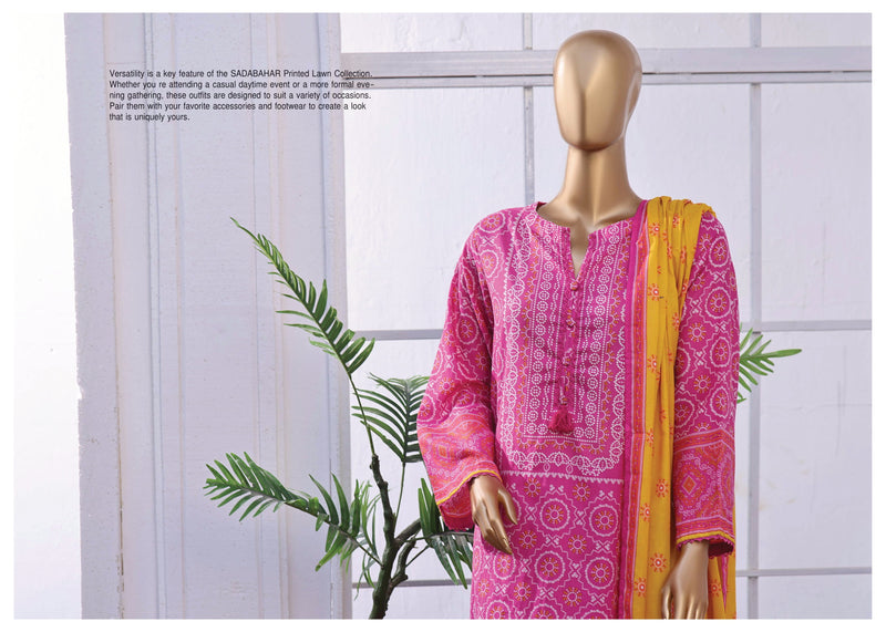 Lawn - Stitched Printed 3piece with Lace work - Pink