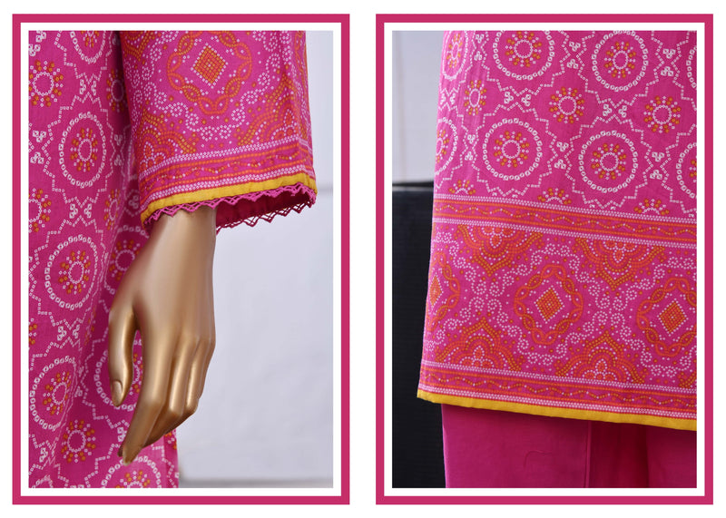 Lawn - Stitched Printed 3piece with Lace work - Pink