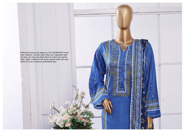 Lawn - Stitched Printed 3piece with Lace work - R.Blue