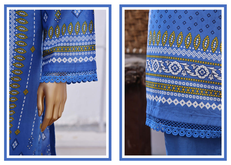 Lawn - Stitched Printed 3piece with Lace work - R.Blue