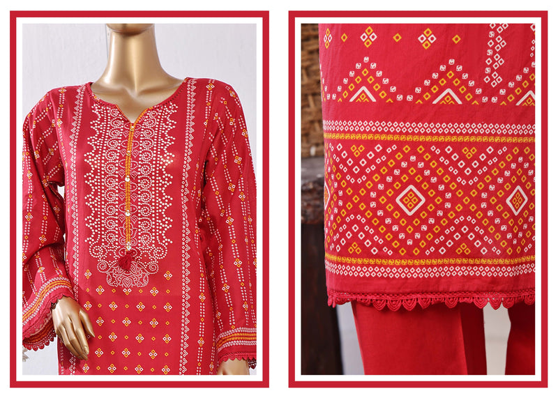 Lawn - Stitched Printed 3piece with Lace work - Red