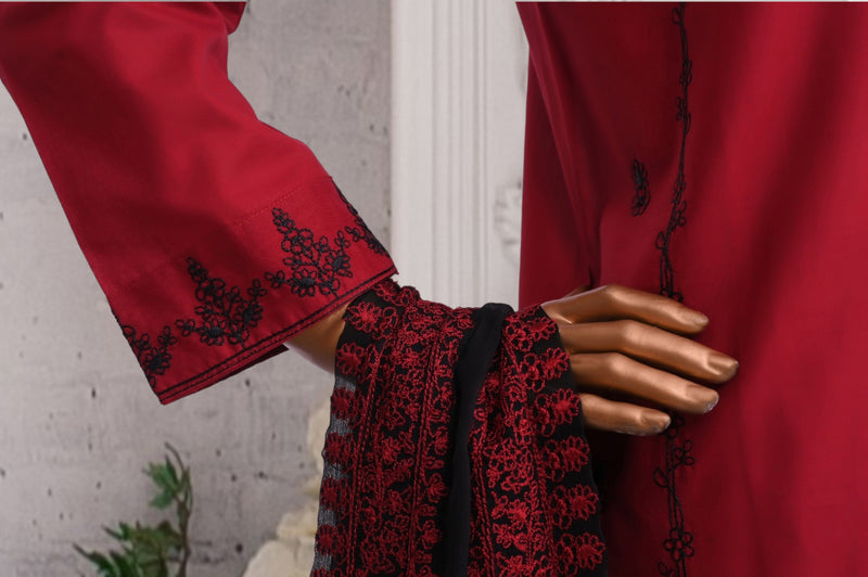 Festive Lawn - Stitched Embroidered 3piece with Emb Chiffon Dupatta - Maroon