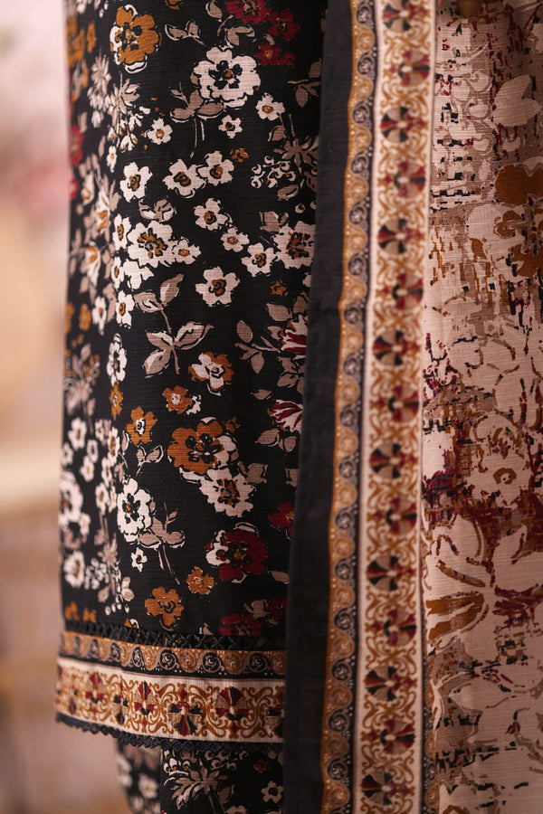 Khaddar - Stitched  printed 3piece with Lace work  -  Black