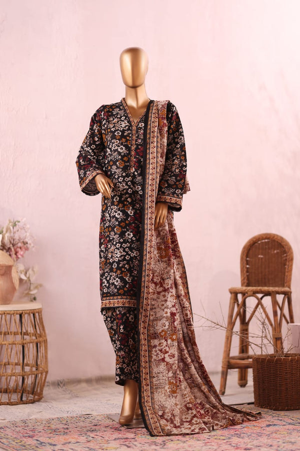 Khaddar - Stitched  printed 3piece with Lace work  -  Black