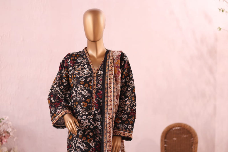 Khaddar - Stitched  printed 3piece with Lace work  -  Black