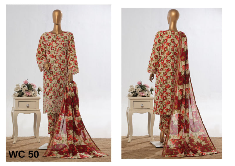 Lawn - Stitched Embroidered 3piece with Lace work - Skin