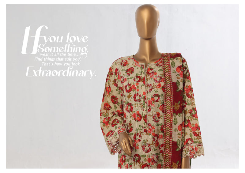 Lawn - Stitched Embroidered 3piece with Lace work - Skin