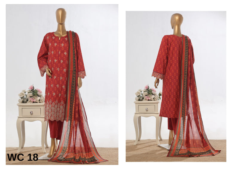 Lawn - Stitched Embroidered 3piece with Lace work - Red