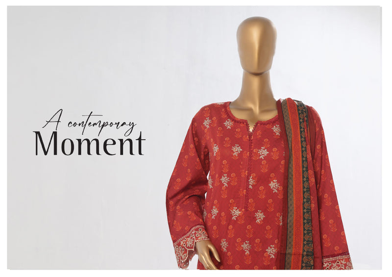Lawn - Stitched Embroidered 3piece with Lace work - Red