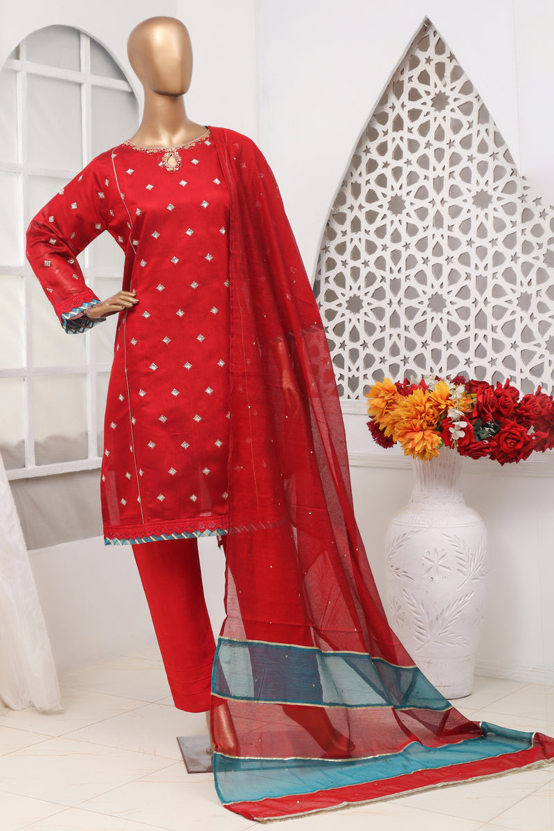 Cotton Net - Stitched Embroidered 3piece with Hand work - Red