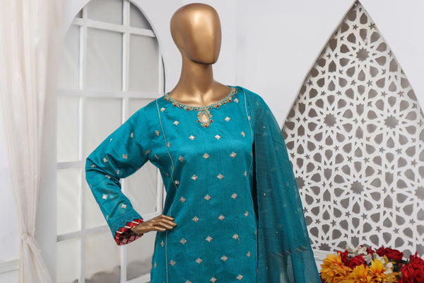 Cotton Net - Stitched Embroidered 3piece with Hand work - Teal