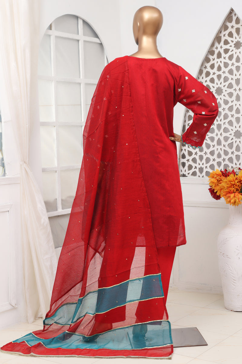 Cotton Net - Stitched Embroidered 3piece with Hand work - Red