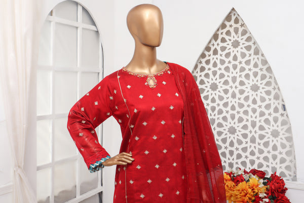 Cotton Net - Stitched Embroidered 3piece with Hand work - Red