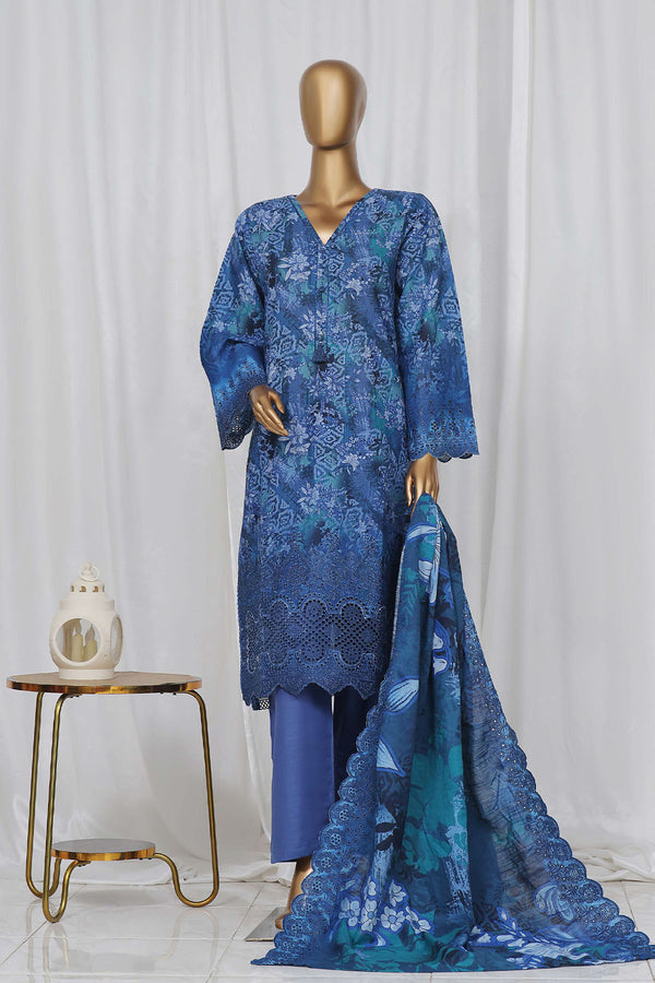 Khaddar - Stitched Embroidered Chikan Kari 3 piece with Laser work and Embroidered Cutwork Dupatta - Blue