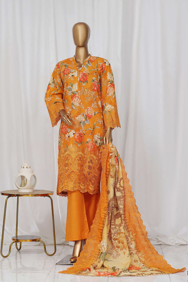Khaddar - Stitched Embroidered Chikan Kari 3 piece with Laser work and Embroidered Cutwork Dupatta - Yellow