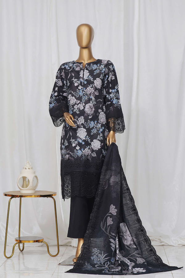 Khaddar - Stitched Embroidered Chikan Kari 3 piece with Laser work and Embroidered Cutwork Dupatta - Black
