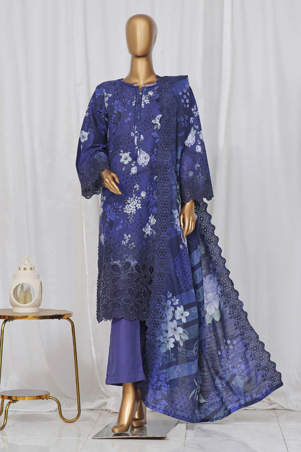 Khaddar - Stitched Embroidered Chikan Kari 3 piece with Laser work and Embroidered Cutwork Dupatta - Blue