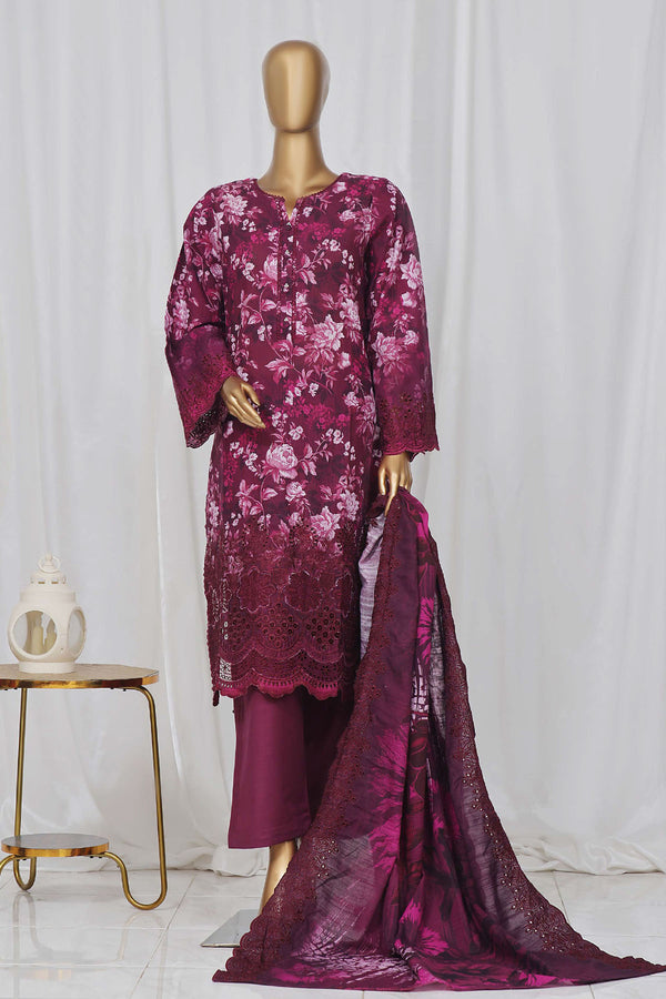 Khaddar - Stitched Embroidered Chikan Kari 3 piece with Laser work and Embroidered Cutwork Dupatta - Magenta