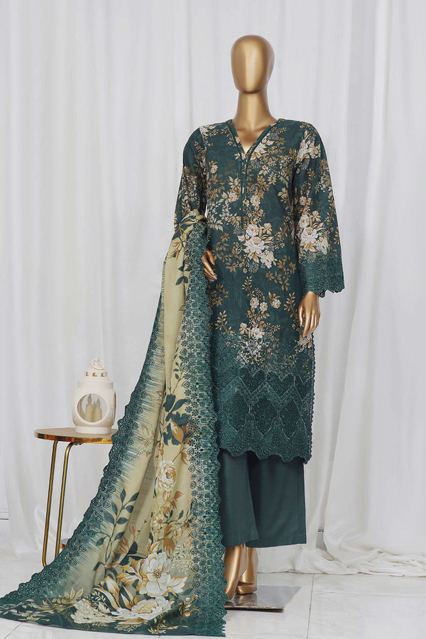 Khaddar - Stitched Embroidered Chikan Kari 3 piece with Laser work and Embroidered Cutwork Dupatta - Green