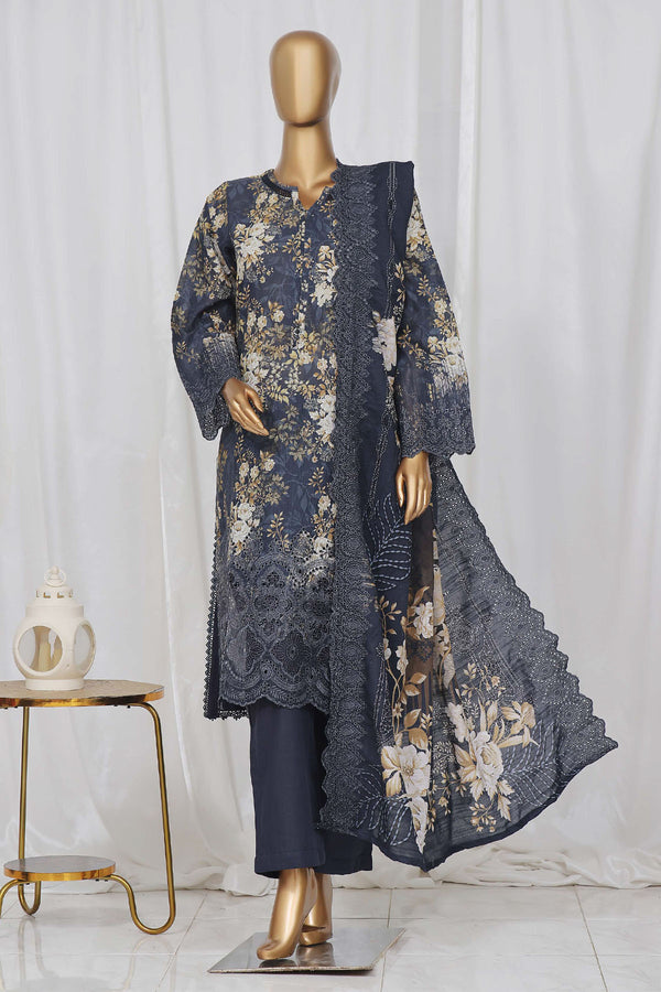 Khaddar - Stitched Embroidered Chikan Kari 3 piece with Laser work and Embroidered Cutwork Dupatta - Blue