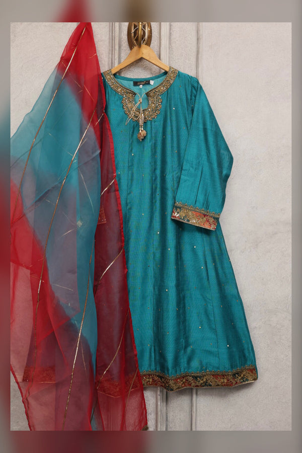 Cotton Net - Stitched Embroidered Long Frock style Kurti & Dupatta with Handwork - Teal