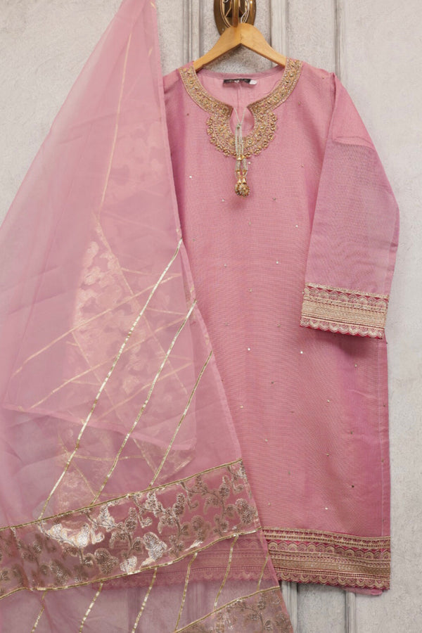 Khaddi Net - Stitched Embroidered Kurti & Dupatta with Hand work - T.Pink