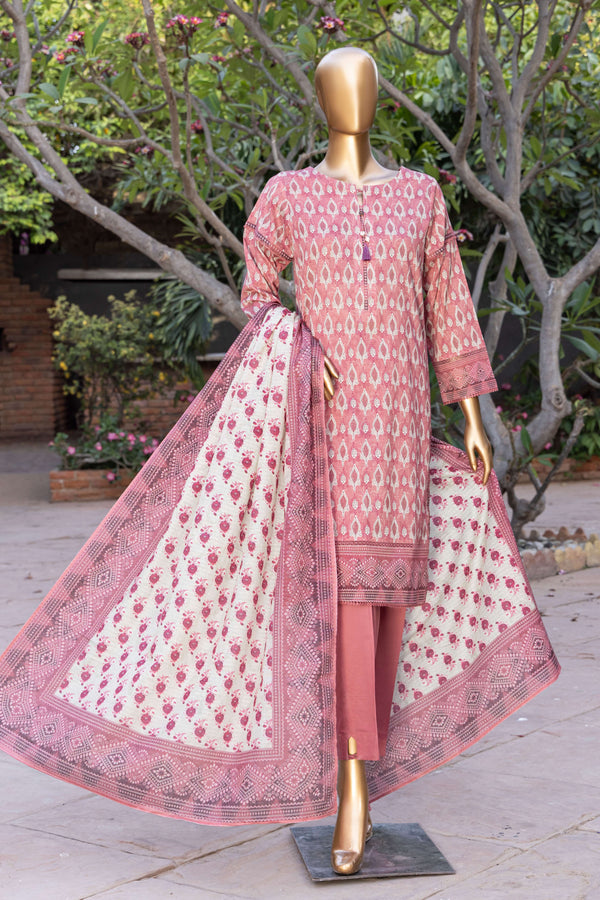 Lawn - Stitched Printed 3piece with Lace work - T.Pink