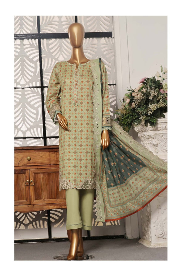 Lawn - Stitched Printed 3piece with Embroidered Cut work and  Embroidered Dupatta - Pista