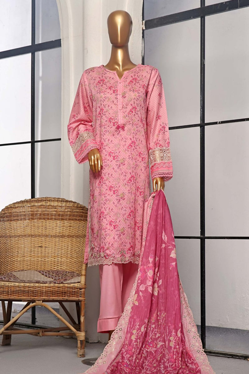 Lawn - Stitched Printed 3piece with Embroidered Cut work and Embroidered Dupatta - Pink