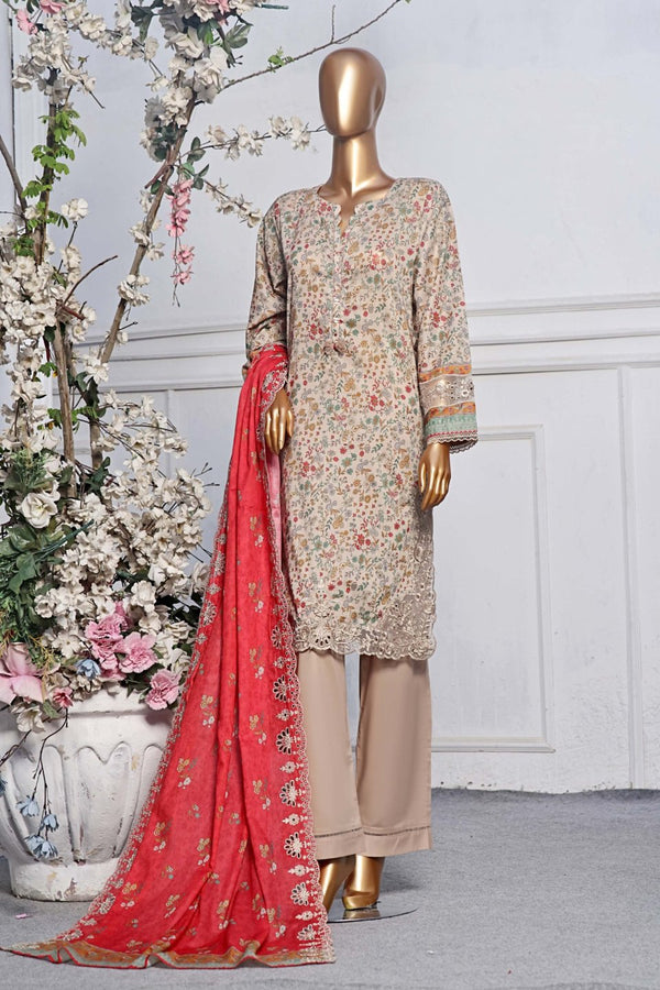 Lawn - Stitched Printed 3piece with Embroidered Cut work and Embroidered Dupatta - Skin