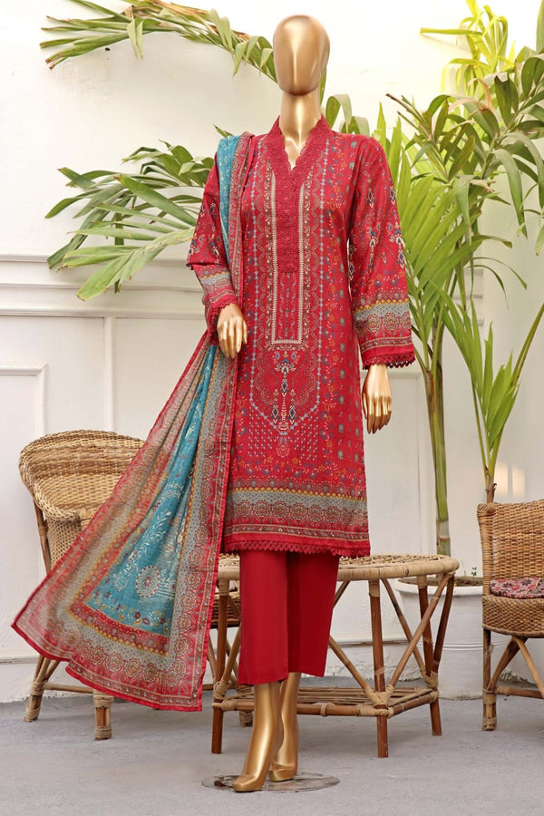 Lawn - Stitched Printed 3piece with Lace work - Maroon