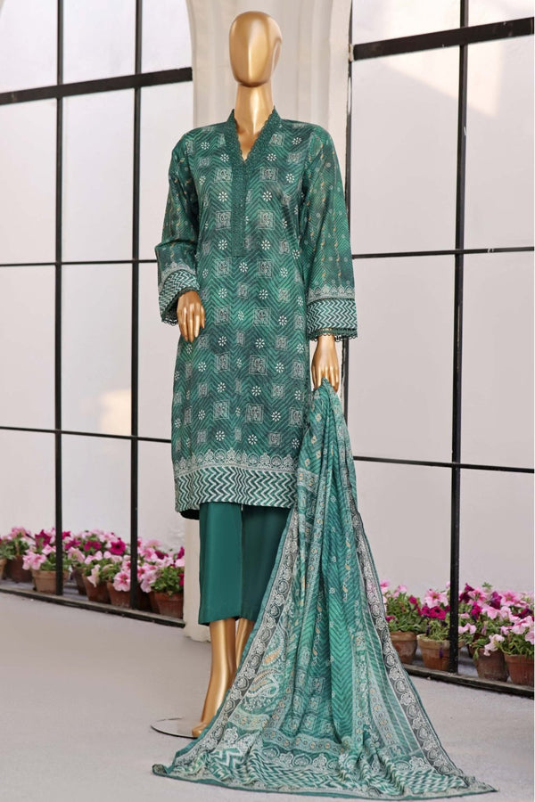 Lawn - Stitched Printed 3piece With Lace Work - Green