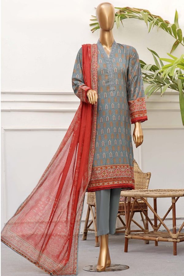 Lawn - Stitched Printed 3piece With Lace Work - Grey