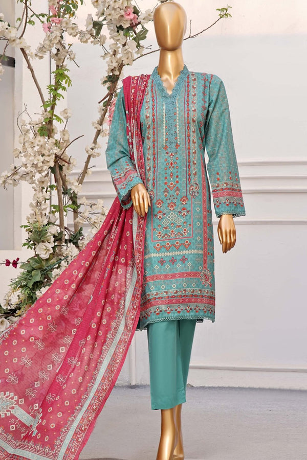Lawn - Stitched Printed 3piece With Lace Work - Azure