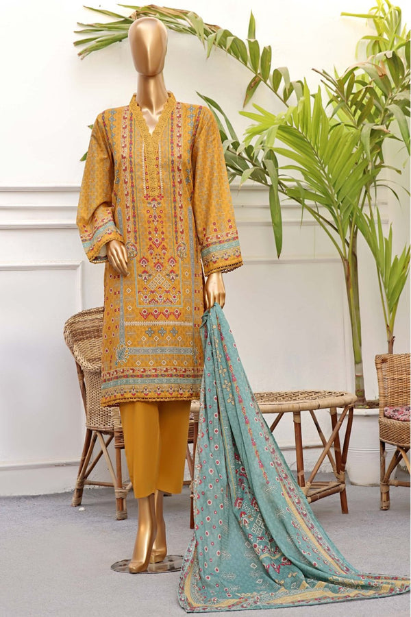 Lawn - Stitched Printed 3piece With Lace Work - Mustard
