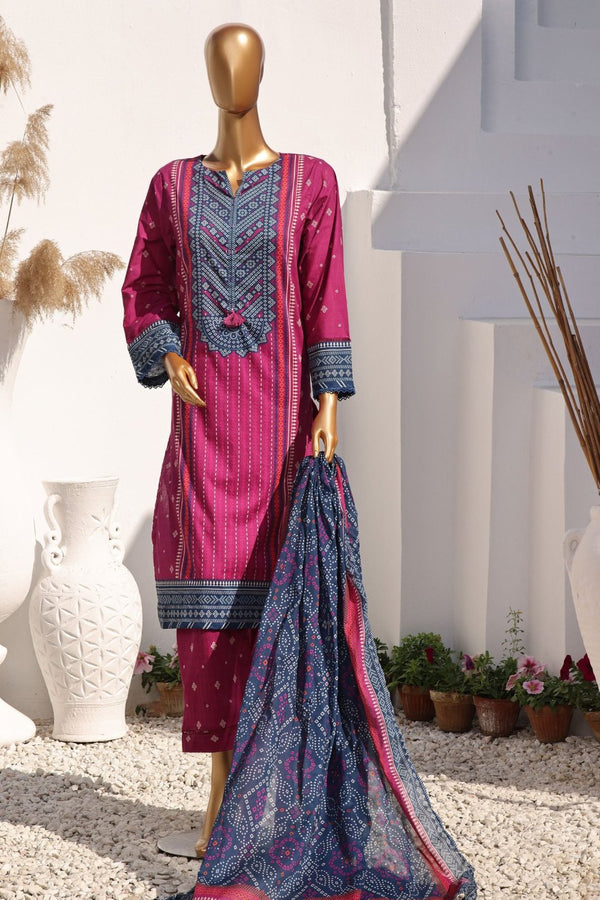 Lawn - Stitched Chunri Printed 3piece with Lace work - Magenta