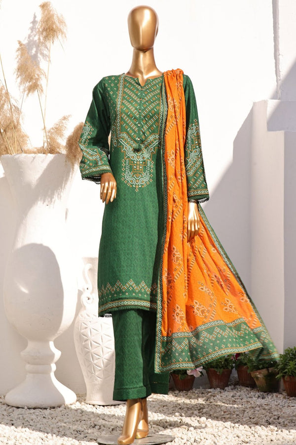 Lawn - Stitched Chunri Printed 3piece with Lace work - Green