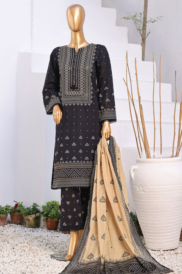 Lawn - Stitched Chunri Printed 3piece with Lace work - Black
