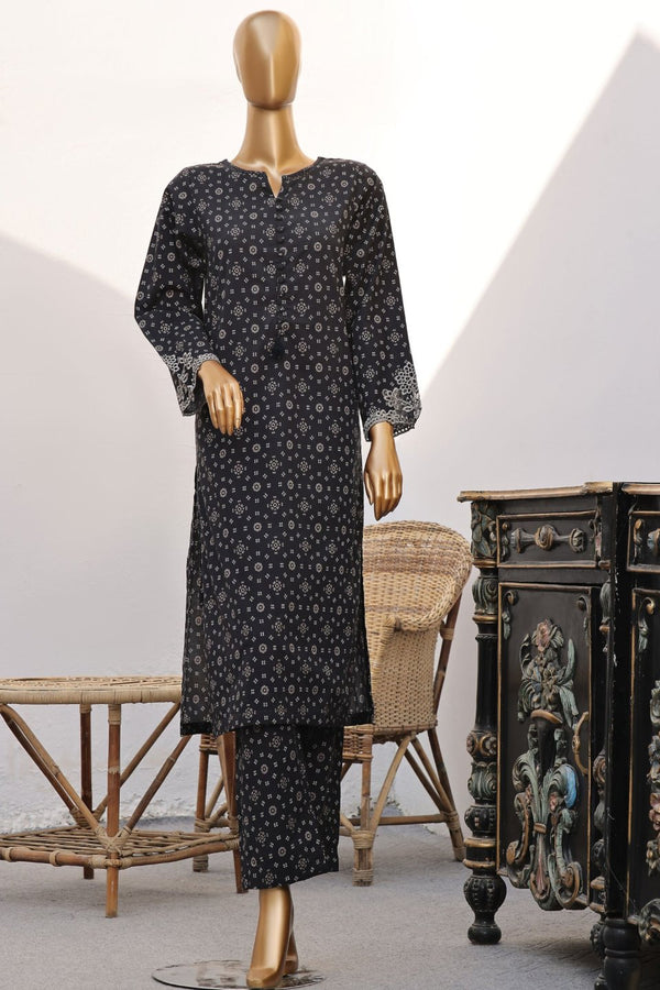 Lawn Co-ords - Stitched Printed Kurti & Trouser with Embroidered Cutwork on Sleeves - Black
