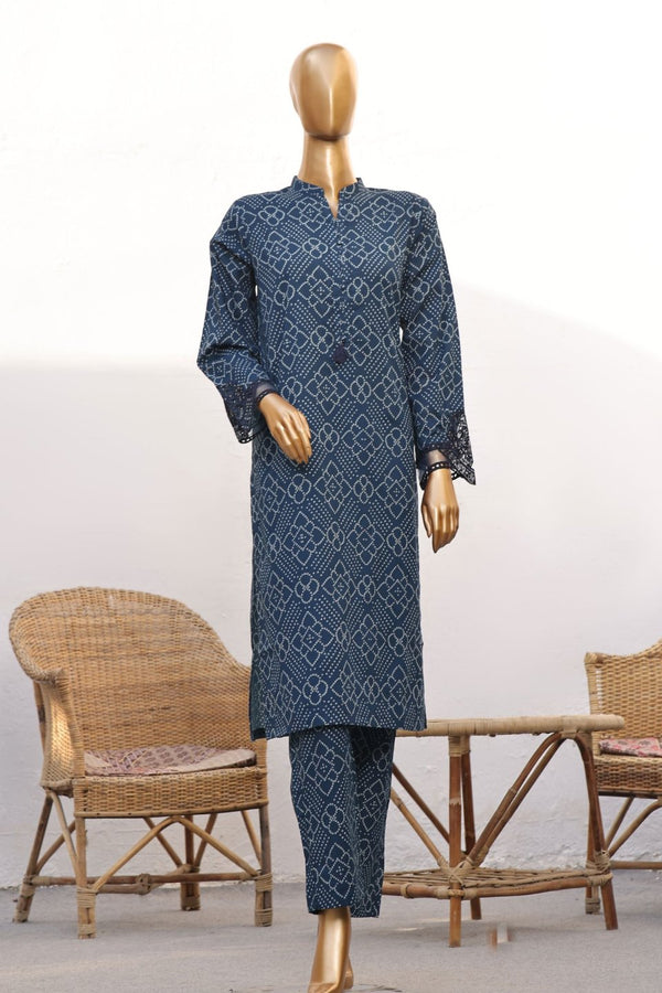 Lawn Co-ords - Stitched Printed Kurti & Trouser with Embroidered Cutwork on Sleeves - Blue
