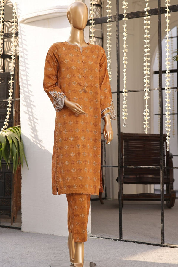 Lawn Co-ords - Stitched Printed Kurti & Trouser with Embroidered Cutwork on Sleeves - Mustard