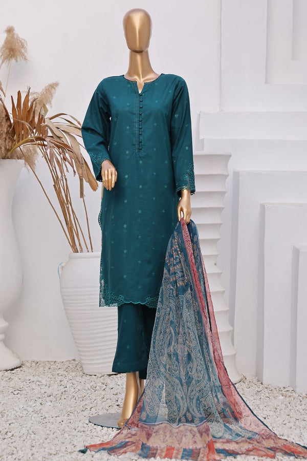 Lawn Solids - Stitched Embroidered  Cut work 3piece with Chiffon Dupatta - Teal
